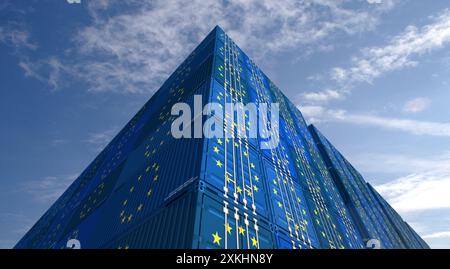 EU-Exportproduktion und -Import-Frachtcontainer in Row Business-Konzept. Abbildung 3D-Illustration der Flagge der Europäischen Union. Stockfoto