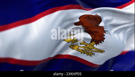 Nahaufnahme der amerikanischen Samoa-Flagge, die im Wind winkt. Uncorporated Territory der Vereinigten Staaten im Südpazifik. 3D-Illustrat Stockfoto