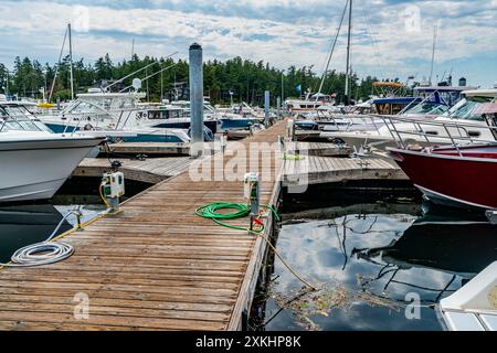 Vertäute Boote entlang einer hölzernen Promenade am Roche Harbor Marina im Bundesstaat Washington. Stockfoto