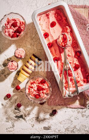 Hausgemachter Joghurt mit Himbeeren, Eis oder Sorbet mit frischen Beeren Stockfoto