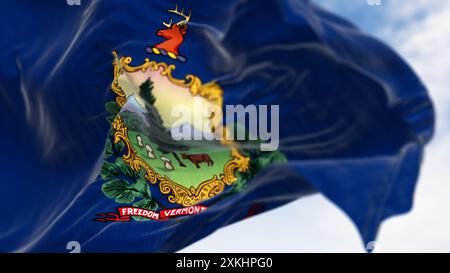 Vermont und die amerikanischen Fahnen winken im Wind. Blauer Hintergrund mit Staatswappen und Motto. 3D-Darstellung. Flatterndes Gewebe. Textur Stockfoto