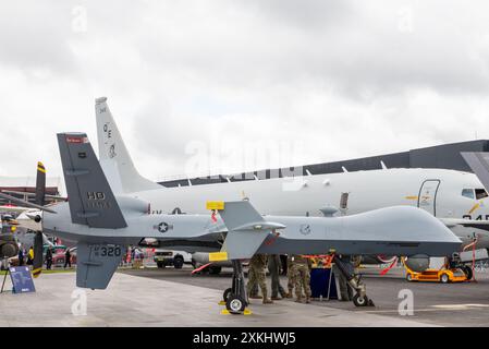 USAF 29th Attack Squadron MQ-9A Reaper UAV auf der Farnborough International Airshow 2024. Rüstungsmesse. Stockfoto