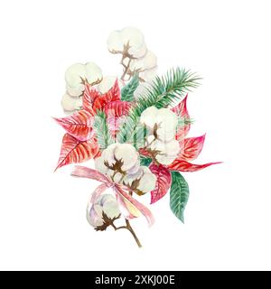 Weihnachtsstrauß. Weihnachtsstern, Baumwolle, Tannenzweige. Handgezeichnete Aquarellillustration isoliert auf weißem Hintergrund. Für Neujahrskarten, Einladungen, Stockfoto