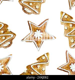 Ingwerkekse nahtloses Muster. Handgezeichnete Aquarellillustration isoliert auf weißem Hintergrund. Für Weihnachten, Neujahrsgrußkarten, Cover, Verpackung Stockfoto