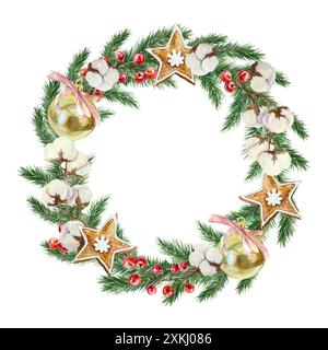 Weihnachtskranz. Tannenzweige, Baumwolle, Lebkuchen, Beeren, goldene Kugeln. Aquarellabbildung isoliert auf weiß. Neujahrskarten, Einladung Stockfoto
