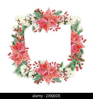 Poinsettienrahmen, quadratisch. Tannenzweige, Baumwolle, Beeren. Weihnachtsblumen und -Blätter. Handgezeichnete Aquarellillustration isoliert auf weiß. Für neues Y Stockfoto