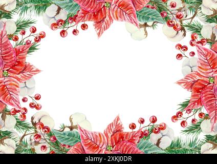 Poinsettienrahmen, horizontal. Tannenzweige, Baumwolle, Beeren. Weihnachtsblumen. Handgezeichnete Aquarellillustration isoliert auf weiß. Neujahrsgruetin Stockfoto