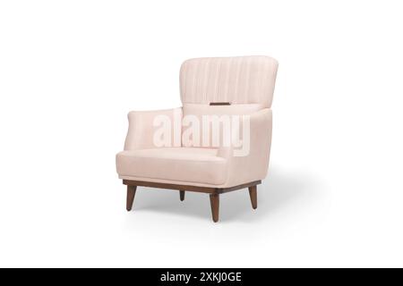 Eleganter rosa Sessel mit Holzbeinen, perfekt für ein stilvolles Wohnzimmer oder Büro Stockfoto