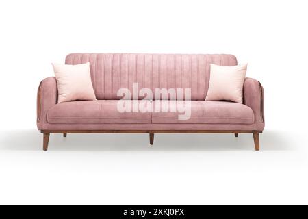 Elegantes, pinkfarbenes Sofa mit vertikalen Nähten, ideal für ein modernes Wohnzimmer. Stockfoto