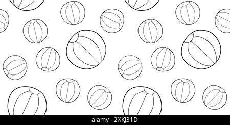Schwarze Linie Strandball Symbol isoliertes nahtloses Muster auf weißem Hintergrund. Vektor-Doodle-Illustration für Textil- oder Stoffdruckvorlage. Sommer Stock Vektor