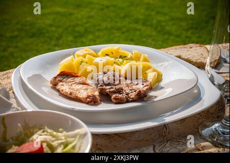 Einfaches und leckeres Menü, in Butter getränkte Naturkartoffeln mit Petersilie und gegrilltem Schweinefleisch, auf einer Gartenparty am Sommernachmittag Stockfoto