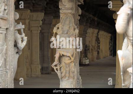 Wunderschöner alter hinduistischer Gott, der in die Säule des Tempels in Indien gehauen wurde Stockfoto