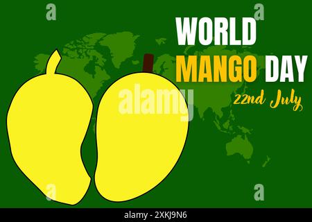 Banner, Vorlage, Post in sozialen Medien zur Feier des World Mango Day. 22. Juli internationales Mangotag-Cover-Banner mit zwei Mangos auf der Erdkarte Stock Vektor