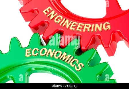 Engineering Economics Konzept, mit farbigen Zahnrädern. 3D-Rendering isoliert auf weißem Hintergrund Stockfoto