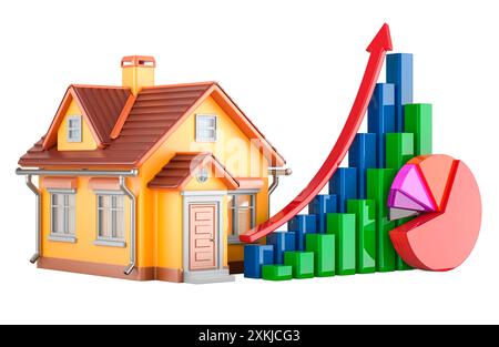 Haus mit Wachstumskarte. Startseite mit Tortendiagrammen, Diagrammen, Balken mit Wachstumspfeil. 3D-Rendering isoliert auf weißem Hintergrund Stockfoto