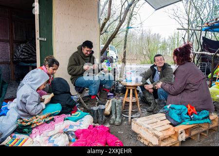 Migranten im Dschungel sammeln Migrantenlager der Dschungel. Eine Gruppe illegaler Migranten und Freiwilliger, die Tee zum Frühstück trinken. Dunquerke, Frankreich. Duinkerken the Dschungel Nord Pas de Calais Frankreich Copyright: XGuidoxKoppesxPhotox Stockfoto