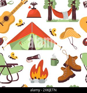 Nahtloses Muster für Cartoon-Camping-Elemente. Abenteuer Sommerzeit. Touristenausrüstung. Zelt auf dem Campingplatz. Wandermütze oder -Stiefel. Picknick-Lagerfeuer. Gitarre und Stock Vektor