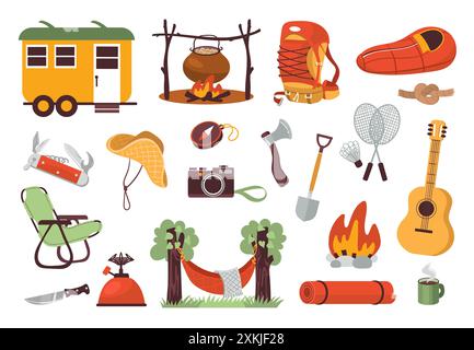 Campingelemente. Wanderausrüstung. Freizeitangebote im Freien. Touristen-Accessoires. Schlafsack. Picknick in der Natur. Zelt auf dem Campingplatz. Rucksack und Gitarre Stock Vektor
