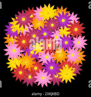 Heller mehrfarbiger Blumenstrauß isoliert auf schwarzem Hintergrund Stockfoto