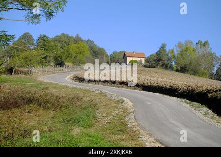 Landstraße zu Haus auf einem Hügel von Sumadija in Zentralserbien Stockfoto