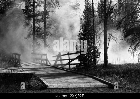 Dieses Schwarzweiß-Bild zeigt dunkle Kontraste, einen Holzdielen-Pfad und eine Brücke über Beryl Spring im Yellowstone-Nationalpark, Wyoming, USA. Stockfoto