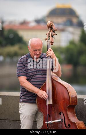 Straßenmusiker spielte Kontrabass auf der Karlsbrücke in Prag, Hauptstadt der Tschechischen Republik am 3. Juli 2024 Stockfoto