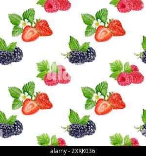 Aquarellillustration nahtloses Muster von Beeren einschließlich Erdbeeren, Himbeeren und Brombeeren Stockfoto