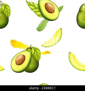 Avocado Mit Aquarell. Aquarell handgezeichnete botanische Illustration. Vegetarisches Obst. Halbe Avocado. Scheiben grüne Avocado. Nahtloses Muster. Stockfoto