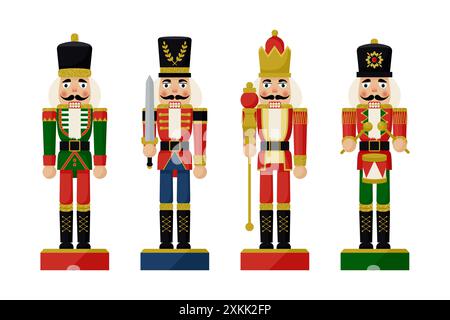Set mit Weihnachtsspielzeug Soldat traditionelle Figur. Illustration des abgewickelten Vektors Stock Vektor
