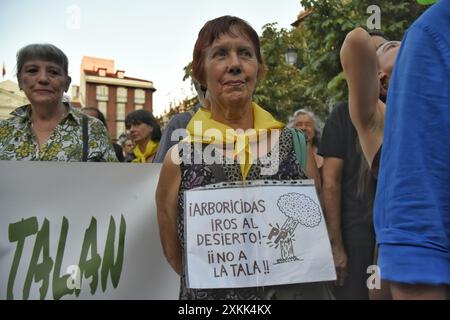 Madrid, Madrid, SPANIEN. Juli 2024. Protest auf der Plaza de Santa Ana in Madrid gegen die Intervention, die in der emblematischen Enklave zur Umgestaltung des Tiefgaragenparkplatzes durchgeführt wird, und dass der stadtrat von Madrid 30 Bäume Fällen will (Credit Image: © Richard Zubelzu/ZUMA Press Wire) NUR REDAKTIONELLE VERWENDUNG! Nicht für kommerzielle ZWECKE! Stockfoto