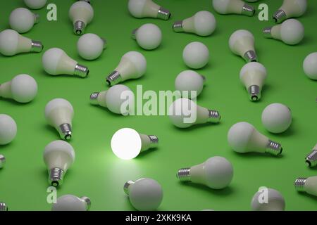 LED-Lampen leuchten neben vielen anderen unbeleuchteten Lampen. 3D-Abbildung. Stockfoto