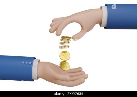 Cartoon Hand bezahlt mit Yuan Goldmünzen. 3D-Abbildung. Stockfoto