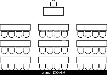Sitzplan im Auditorium. Anordnung der Sitzplätze im Schulungsraum. Mobiliar für Vorlesungen, Tagungen oder Konferenzen, Schulungen oder Seminare Stock Vektor
