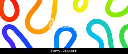 Rainbow Loops und Squiggles Hintergrund. Farbenfrohe dynamische Kurven. Mehrfarbige Kritzellinien. Trendiger minimalistischer Druck für Banner oder Poster. LGBT, lustige oder fröhliche Hintergrundbilder. Vektorabbildung. Stock Vektor