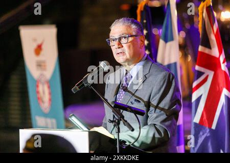 Zypern : AHEPA Supreme Convention 2024 Vorsitzender des Vorstands, NICHOLAS KARACOSTAS, hält seine Eröffnungsrede in Limassol, Zypern, am 22. Juli 2024. Die AHEPA American Hellenic Educational Progressive Association Familienversammlung findet in Zypern statt, um den 50. Jahrestag der türkischen Invasion zu gedenken, die zur Besetzung von 37 % der Insel seit 1974 führte. Limassol Limassol Zypern Copyright: XKOSTASxPIKOULASx Stockfoto