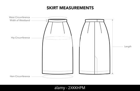 Set von Skirt-Messungen Diagramm mit Text - Länge, Umfangsstile technische Illustration. Flache Kleiderschablone vorne, hinten. Frauen, Männer Unisex CAD-Modell isoliert auf weiß Stock Vektor