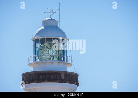 Glaslicht und Wetterfahne auf der Spitze des Cape Byron Lighthouse Tower, Byron Bay, New South Wales, Australien. Stockfoto