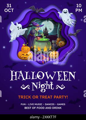 Halloween-Partyflyer mit Papier geschnittener Hexenhöhle, Geistern und Kürbissen. Vektor-Party-Einladungsplakat mit lustiger Hacke und kochendem Kessel mit Trank, Stock Vektor