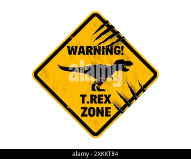 Dinosaurier-Warnschild für T Rex Gefahrenbereich-Warnbanner, Vektor-Warnzeichen. T-Rex tyrannosaurus Gefahrenbereich gelbes Warnschild mit Dinosaurier si Stock Vektor