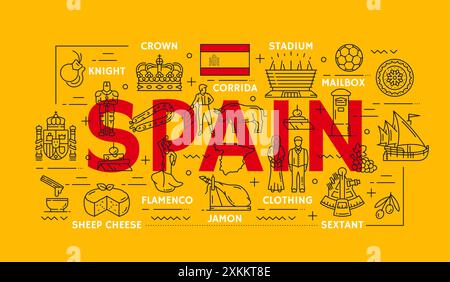 Sehenswürdigkeiten in Spanien säumen Ikonen der spanischen Kultur, Vektor-Sightseeing-Attraktionen. Spanische Flagge und nationale Symbole für Corrida und Flamenco, Küche Stock Vektor