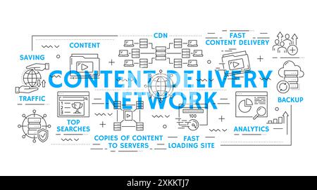 Symbole für CDN-Content Delivery Network Line Vector. Inhalte, Bereitstellung, Backup, Analysen und schnelle Ladeseite, Top-Suchen, Speichern, Traffic und Analyse Stock Vektor