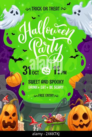 Halloween-Feiertagsflyer mit Kessel und Kürbissen, Trick or Treat Party Vektor Poster. Kinder Halloween-Party-Flyer mit Buh-Geistern, Fledermäusen A Stock Vektor