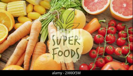 Super Foods Textbild über frischem Obst und Gemüse Stockfoto