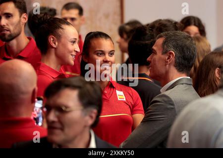 Madrid, Spanien. Juli 2024. Madrid Spanien; 07.23.2024.- Pedro Sanchez, Präsident Spaniens, empfängt Athleten, die das Land bei den Olympischen und Paralympischen Spielen in Paris in La Moncloa, dem Sitz der Regierung, vertreten werden. Vermerk: Juan Carlos Rojas/dpa/Alamy Live News Stockfoto