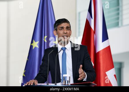 24.04.2024, Deutschland, Berlin, Berlin - der Premierminister des Vereinigten Königreichs Großbritannien und Nordirland, Rishi Sunak, bei der Pressekonferenz Stockfoto