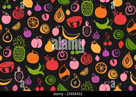 Obst Beeren Symbol nahtloses Muster. In Scheiben geschnittene Zitrone Orange Apfel Birne Wassermelone Pfirsich Ananas Drachen Früchte Mango Banana Granatapfel grenzenloser Hintergrund. Farbiges endloses Zeichentrick-Vektor-Kunstdesign Stock Vektor