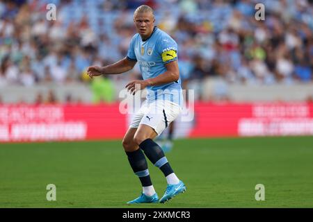 Chapel Hill, North Carolina, USA. Juli 2024. Manchester City Stürmer Erling Haaland (9) während des FC Series-Spiels zwischen Manchester City und Celtic im Kenan Memorial Stadium in Chapel Hill, North Carolina. Greg Atkins/CSM/Alamy Live News Stockfoto