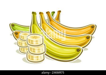 Vektor-Logo für Banane, dekoratives horizontales Poster mit Umrissillustration der geschnittenen und ganzen Bananenkomposition, Zeichentrickdesign fruchtiger Druck Wit Stock Vektor