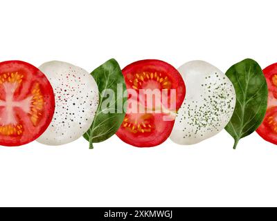 Aquarellillustration mit Tomatenscheiben, Mozzarella und frischen Basilikumblättern für Caprese-Salat. Isolierter nahtloser Rand auf weißem Hintergrund für die Gestaltung einer Broschüre, eines Flyers, eines E-Pakets, eines Etiketts oder einer Werbung. Digitale Kunst im Aquarellstil. Stockfoto