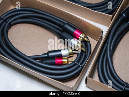 Cinch-Kabel mit vergoldeter Anschlussspitze in einer braunen Verpackungsbox. Audio-, Videokabel. Stockfoto